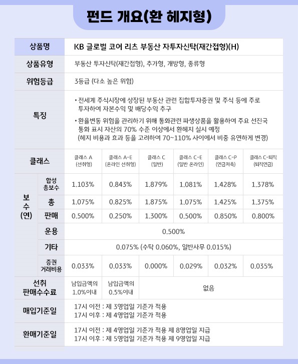 'kb 글로벌 코어 리츠' 펀드의 '환헤지형' 상품 개요.